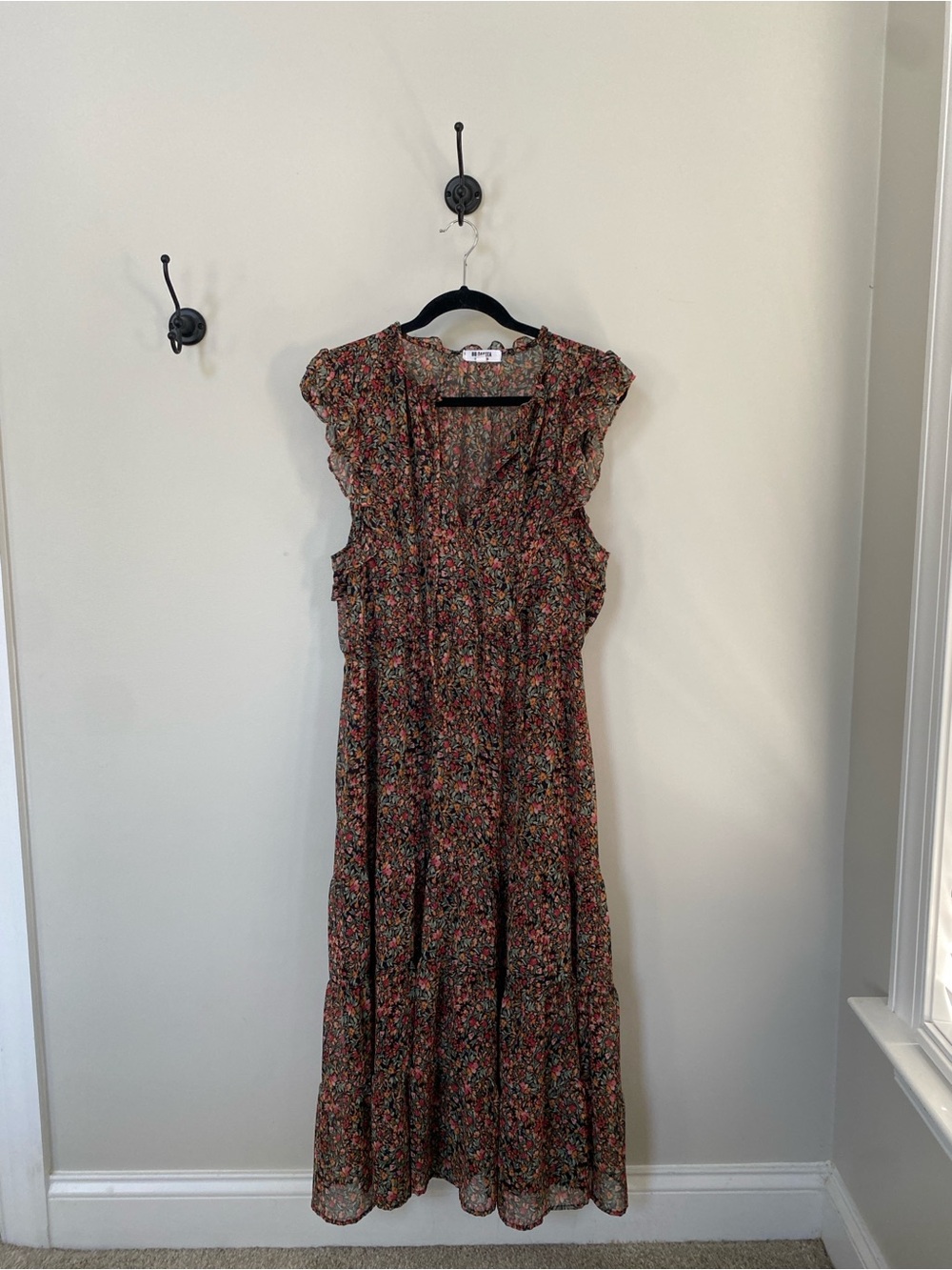 BB Dakota Brown Floral Maxi Dress with Red & Green Accents